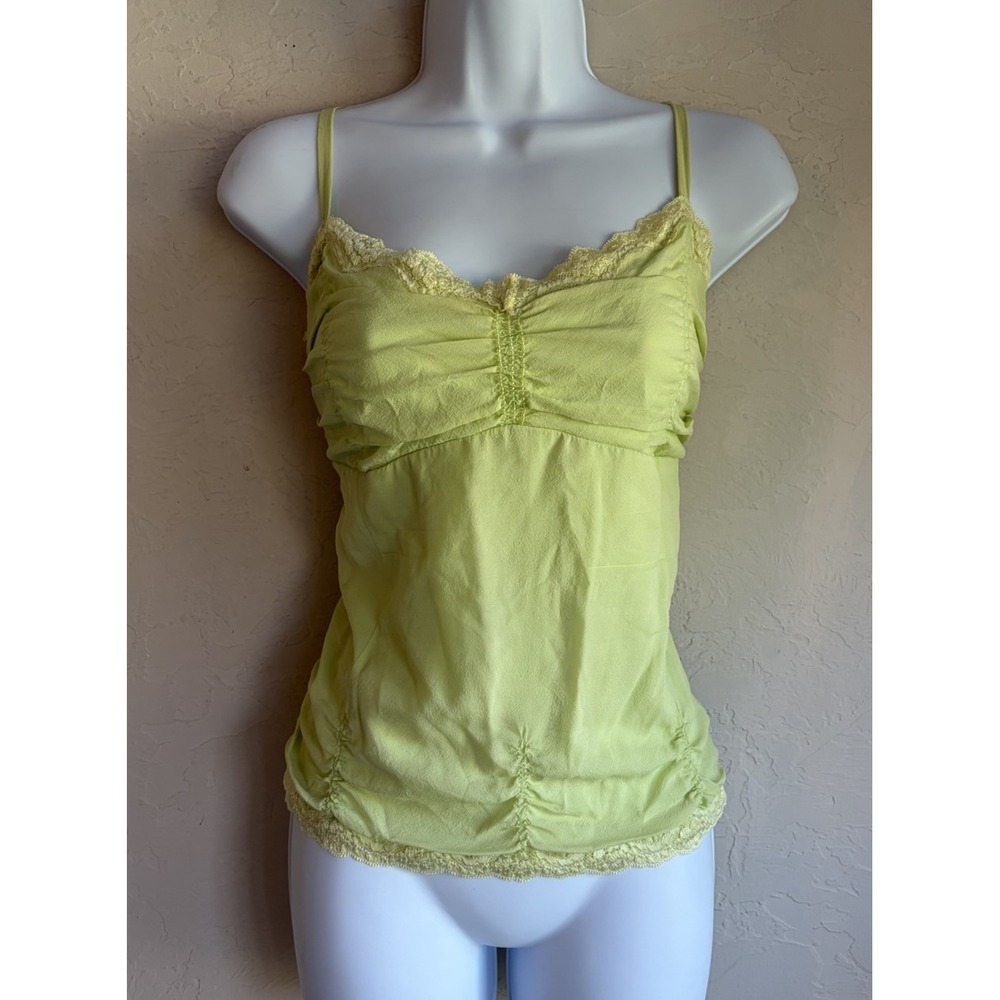 Vintage 90s Y2K Eci Lime Green Silk Cami Tank 12 Beaded Lace Fairy Whimsigoth